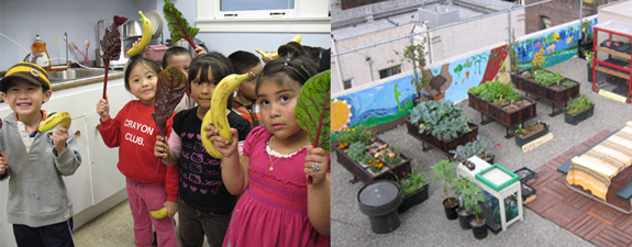 (left) Children learn where their food comes from at Graze's Seed to Belly program. (right) Graze the Roof at Glide Memorial Church.